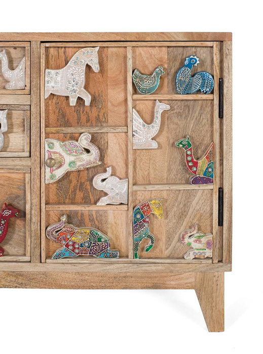 Giner y Colomer Commode 5 tiroirs en bois de manguier massif avec sculptures animales peintes à la main - Détails uniques, pattes 12 cm